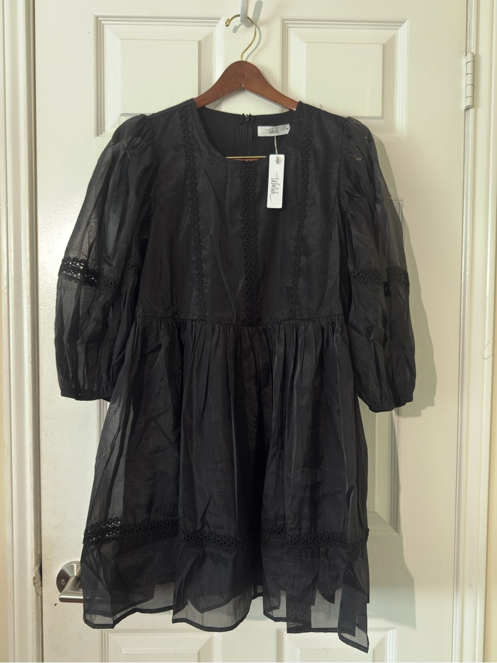 Talulah Boho Black Puff Sleeve Midi Dress with Lace Trim